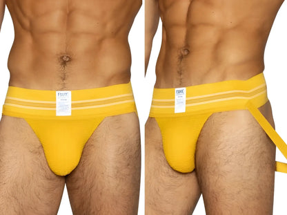 Bright yellow BIKE Athletic BAS306 jockstrap briefs with white stripes and branded tag for athletic use
