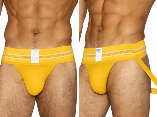 Bright yellow BIKE Athletic BAS306 jockstrap briefs with white stripes and branded tag for athletic use