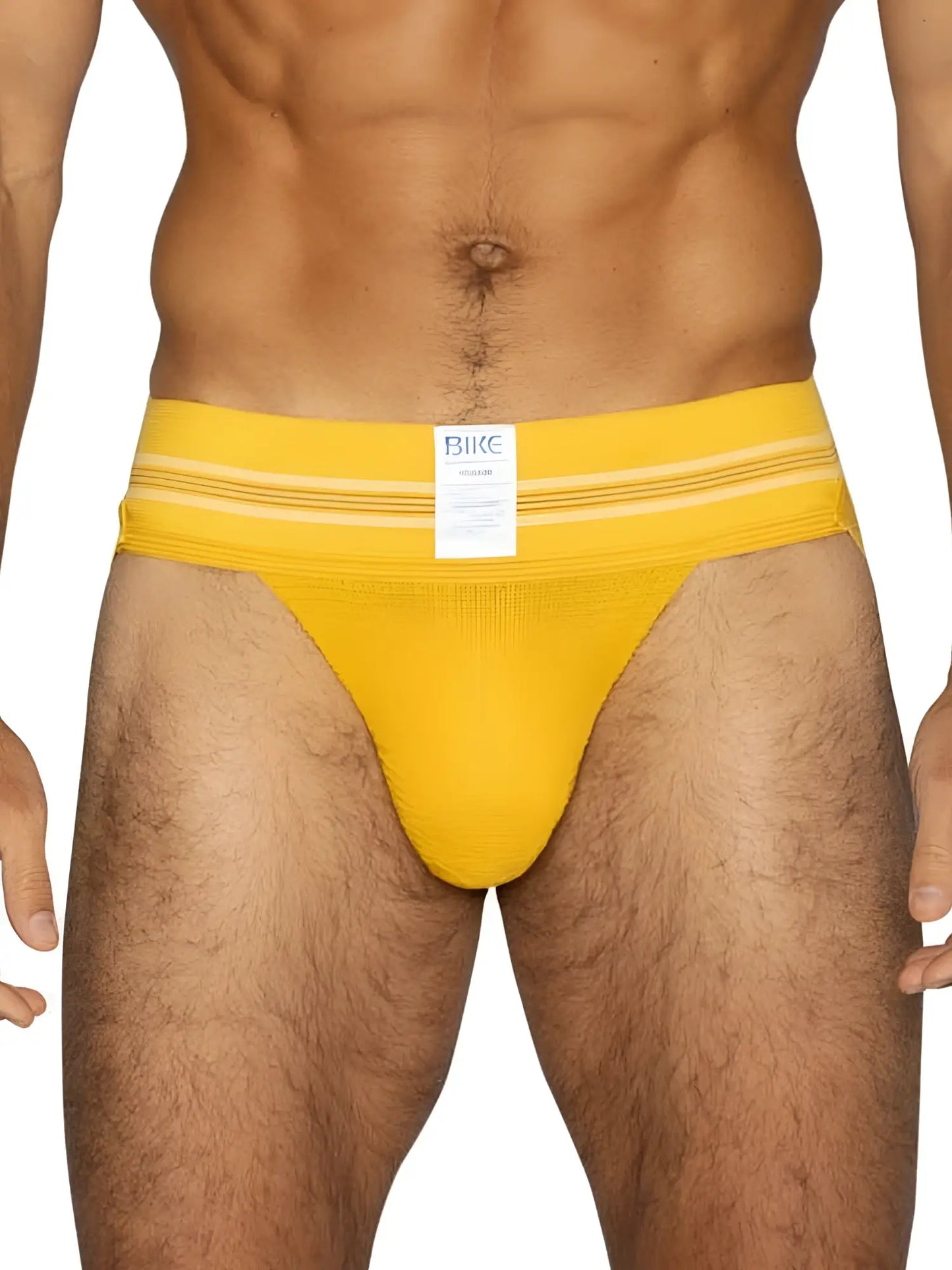 Bright yellow bike athletic briefs with white stripes and brand label designed for sports and active use