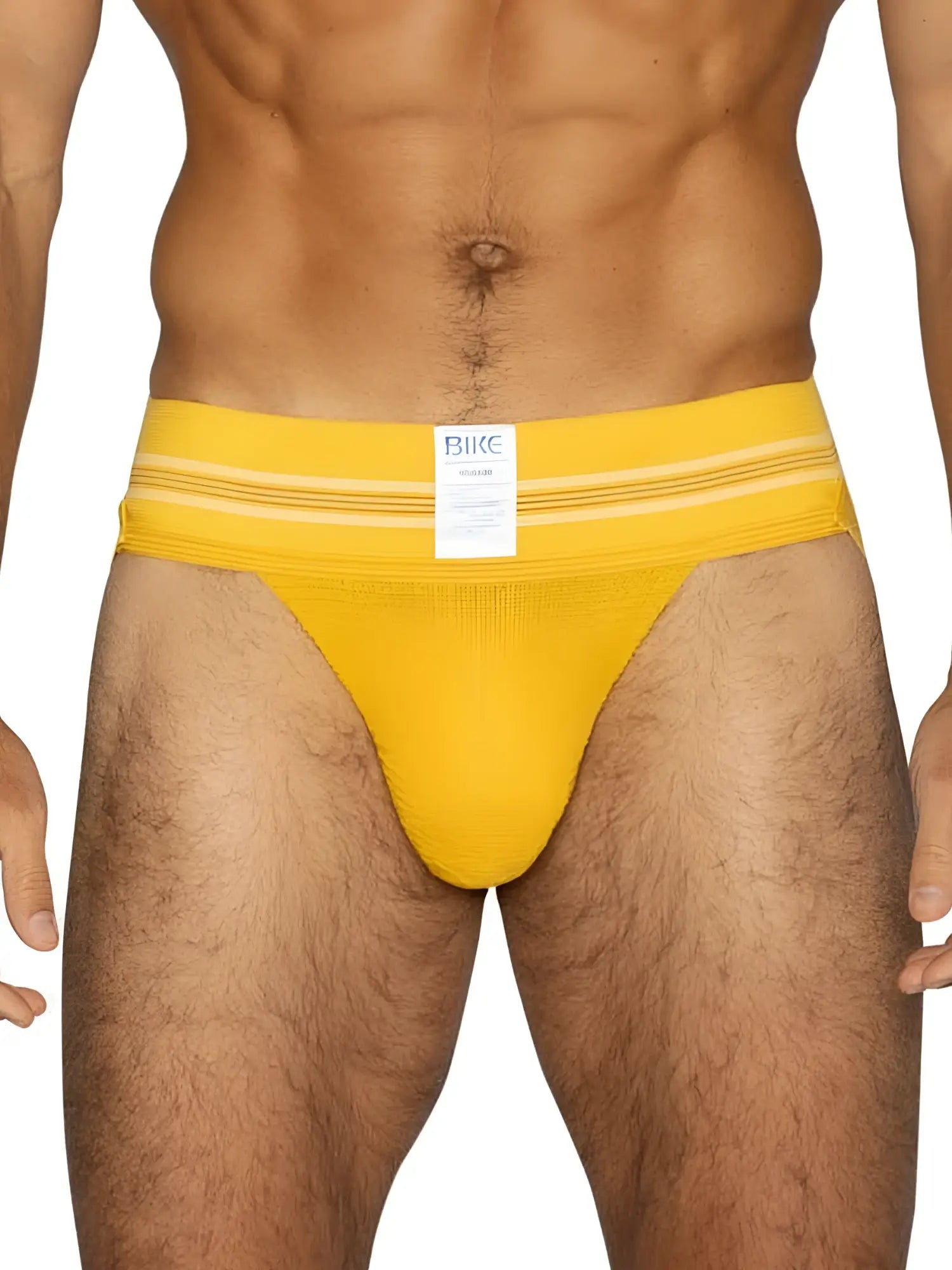 Bright yellow bike athletic briefs with white stripes and brand label designed for sports and active use