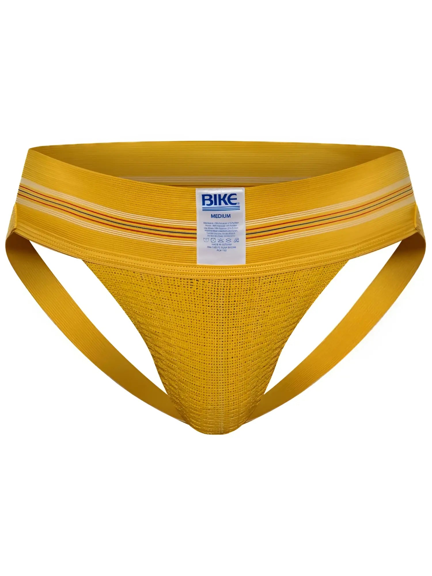 Yellow mesh athletic briefs with ribbed waistband featuring thin orange and white stripes from bike original number 10