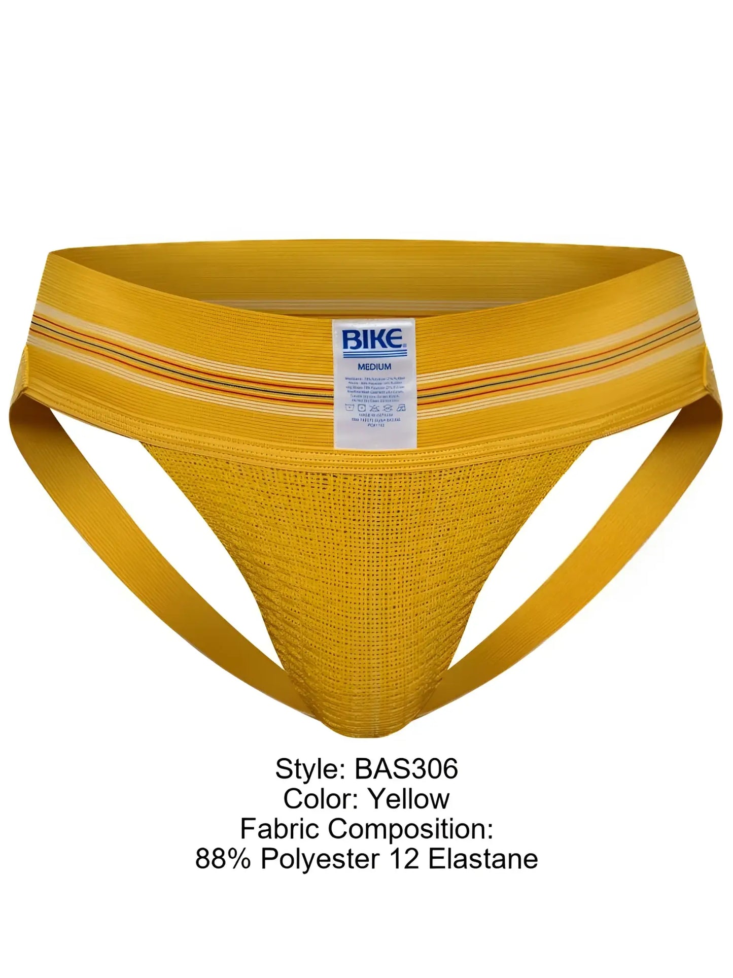 Yellow bike athletic briefs with textured mesh fabric and striped waistband from the BAS306 Original Number 10 line