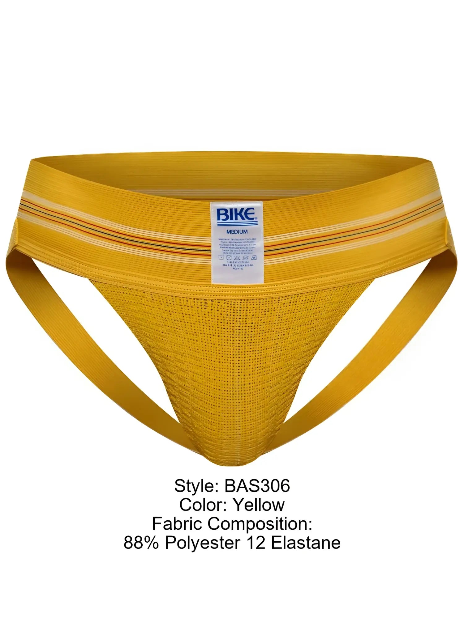 Yellow bike athletic briefs with textured mesh fabric and striped waistband from the BAS306 Original Number 10 line
