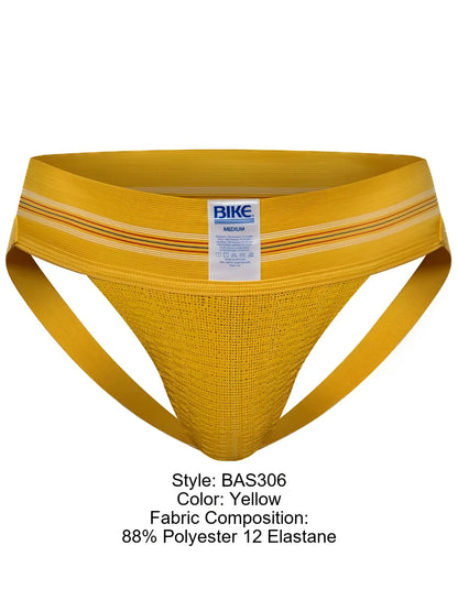Yellow bike athletic briefs with textured mesh fabric and striped waistband from the BAS306 Original Number 10 line