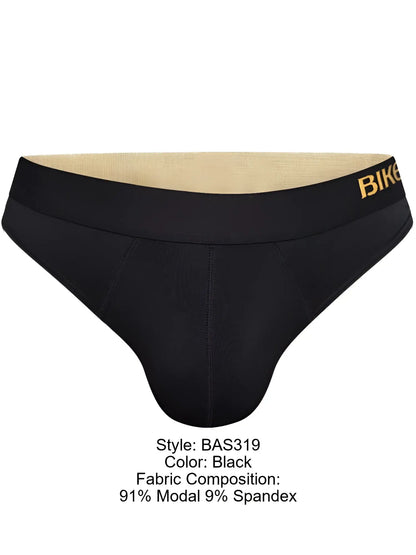 Black bike athletic BAS319 active thong with gold bike logo waistband made of 91 modal 9 spandex