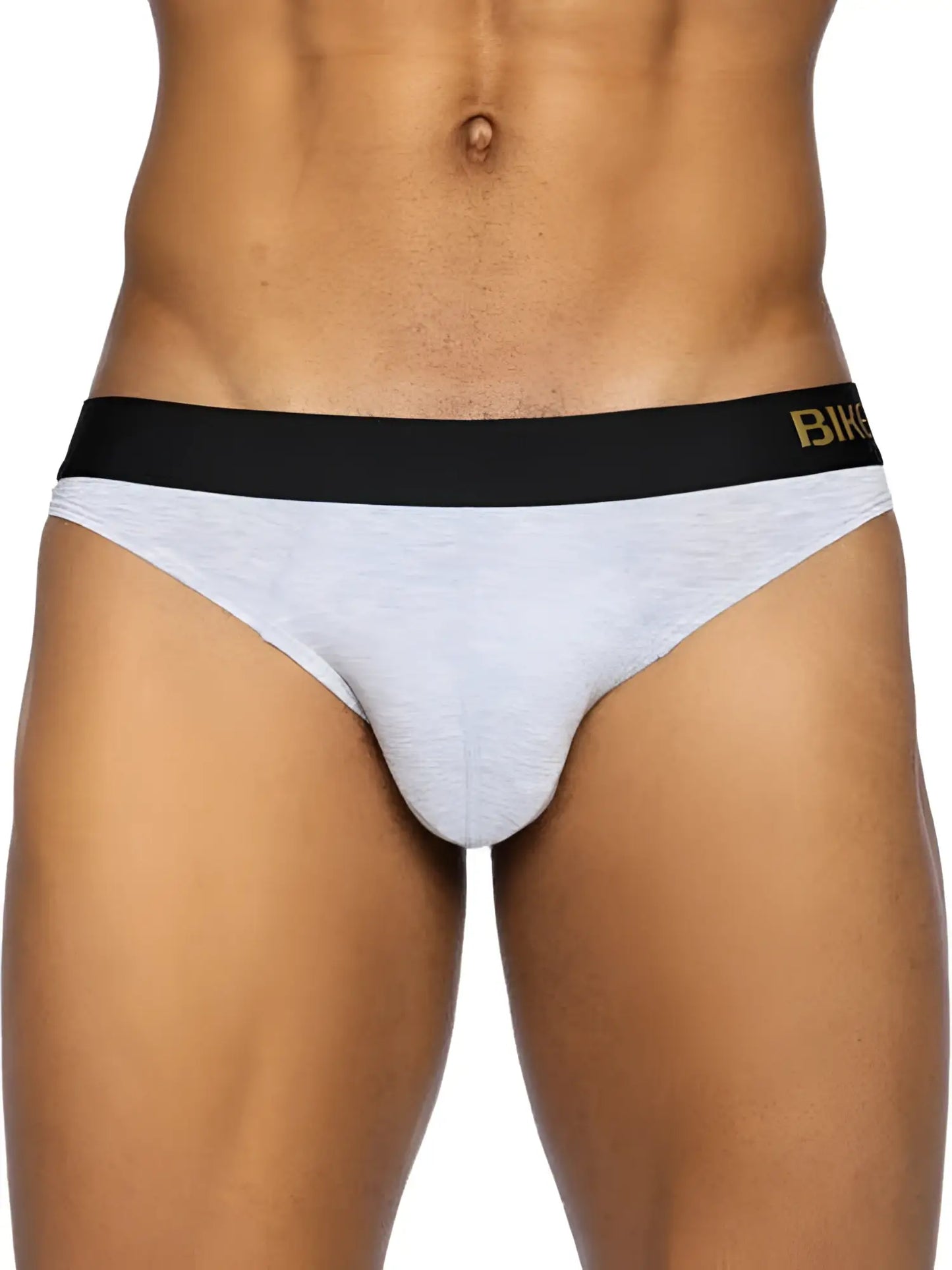 Bike athletic bas319 active thong in light gray heathered fabric with black waistband and gold lettering