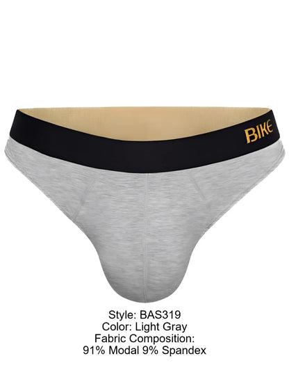 Light gray BIKE Athletic BAS319 active thong with black waistband and gold bike logo in men’s briefs style