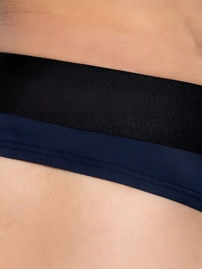Black and navy blue elastic waistband with visible stitching on the back of bike athletic bas319 active thong navy