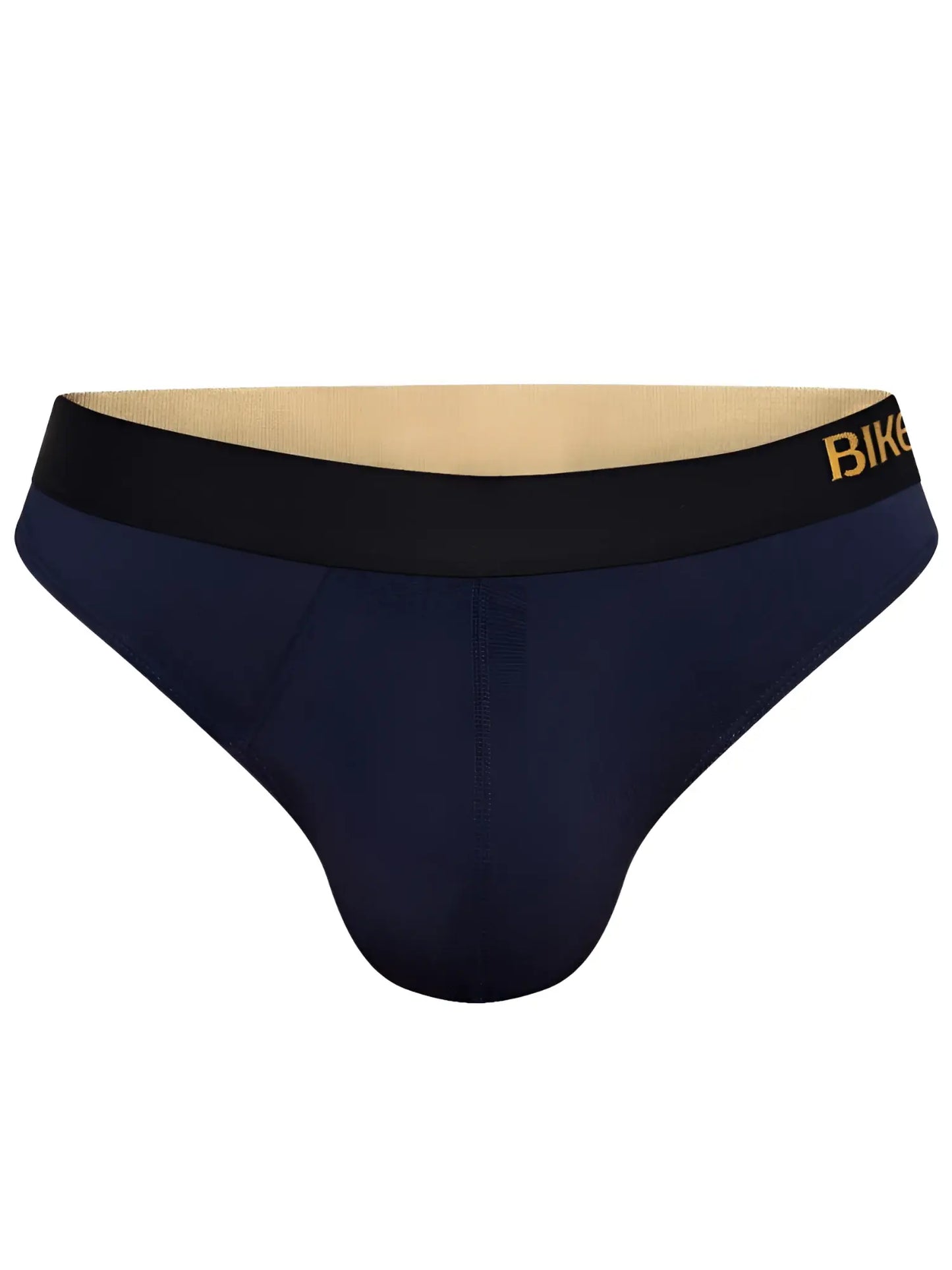 Navy blue bike athletic BAS319 active thong with black waistband and gold bike lettering designed for active wear