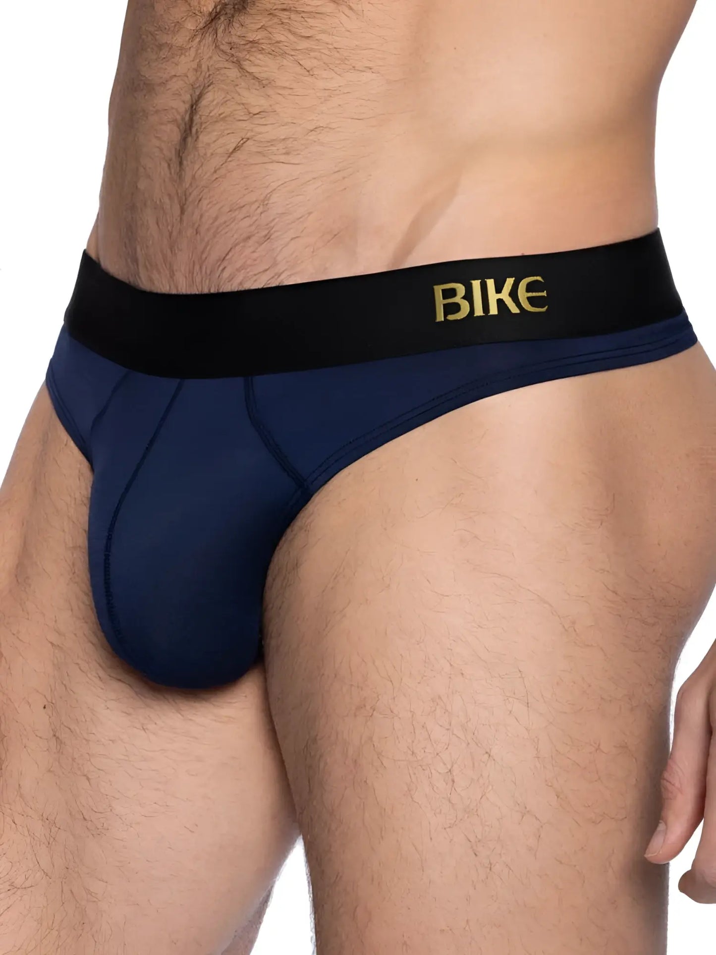 Navy blue BIKE Athletic BAS319 active thong briefs with black waistband and gold branding for athletic use
