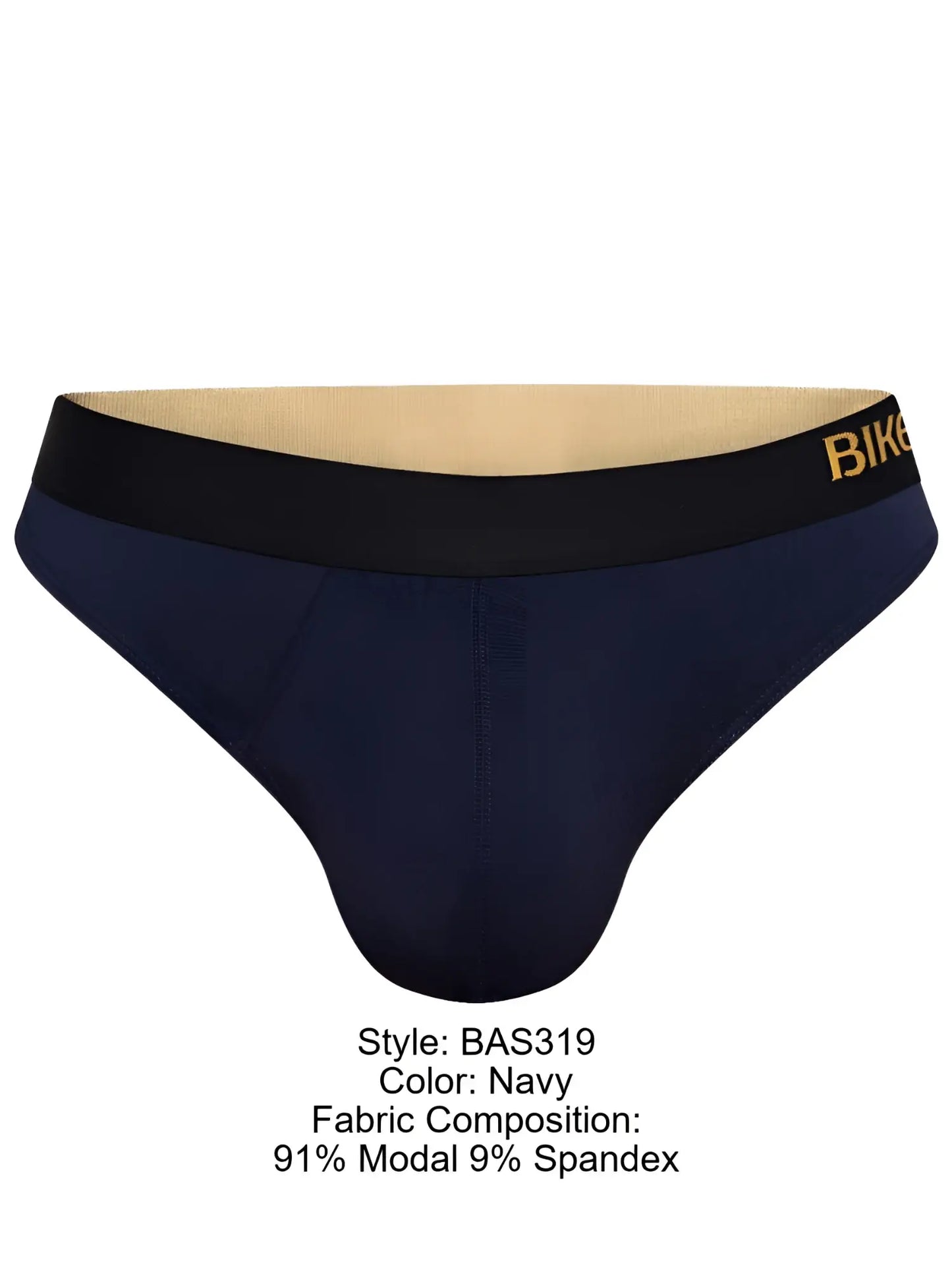 Navy blue bike athletic bas319 active thong with black waistband and gold lettering for men