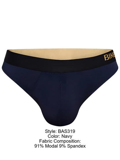 Navy blue bike athletic bas319 active thong with black waistband and gold lettering for men