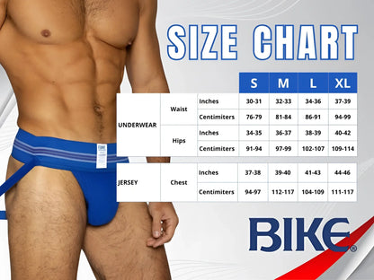 Blue bike athletic BAS327 stretch cotton briefs with white striped trim and brand tag on waistband