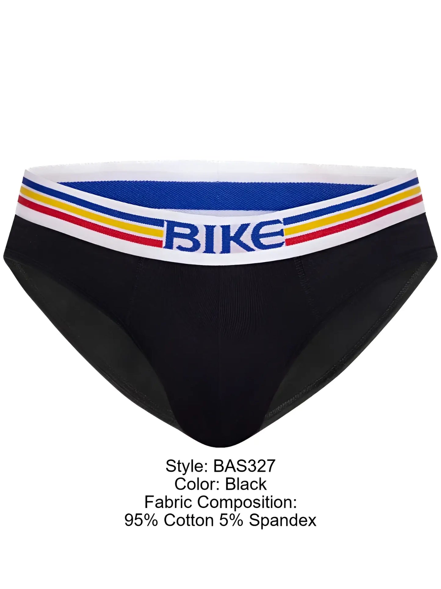 Black BIKE athletic BAS327 stretch cotton briefs with colorful striped waistband and bold blue bike lettering