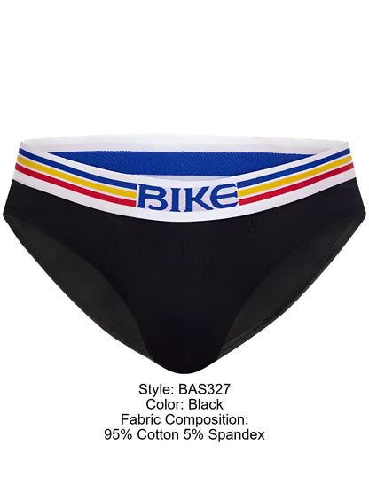 Black BIKE athletic BAS327 stretch cotton briefs with colorful striped waistband and bold blue bike lettering