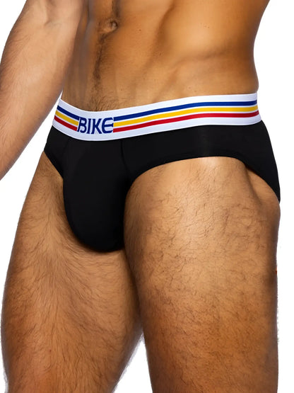 Black bike athletic bas327 stretch cotton briefs with white waistband and multicolor stripes for active wear