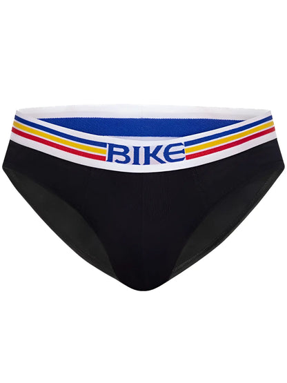 Black bike athletic bas327 stretch cotton men’s briefs with white waistband and red yellow stripes