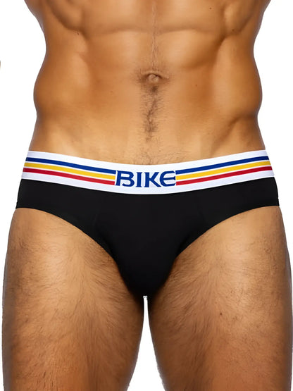 Black bike athletic bas327 stretch cotton briefs with white waistband and red yellow stripe accents