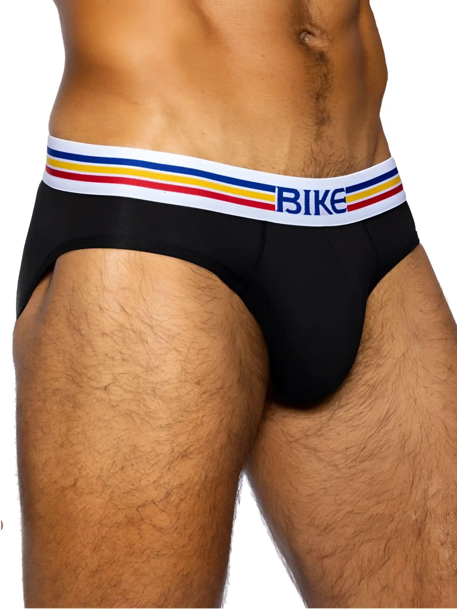 Black bike athletic bas327 stretch cotton briefs with white waistband and blue yellow red stripes front view