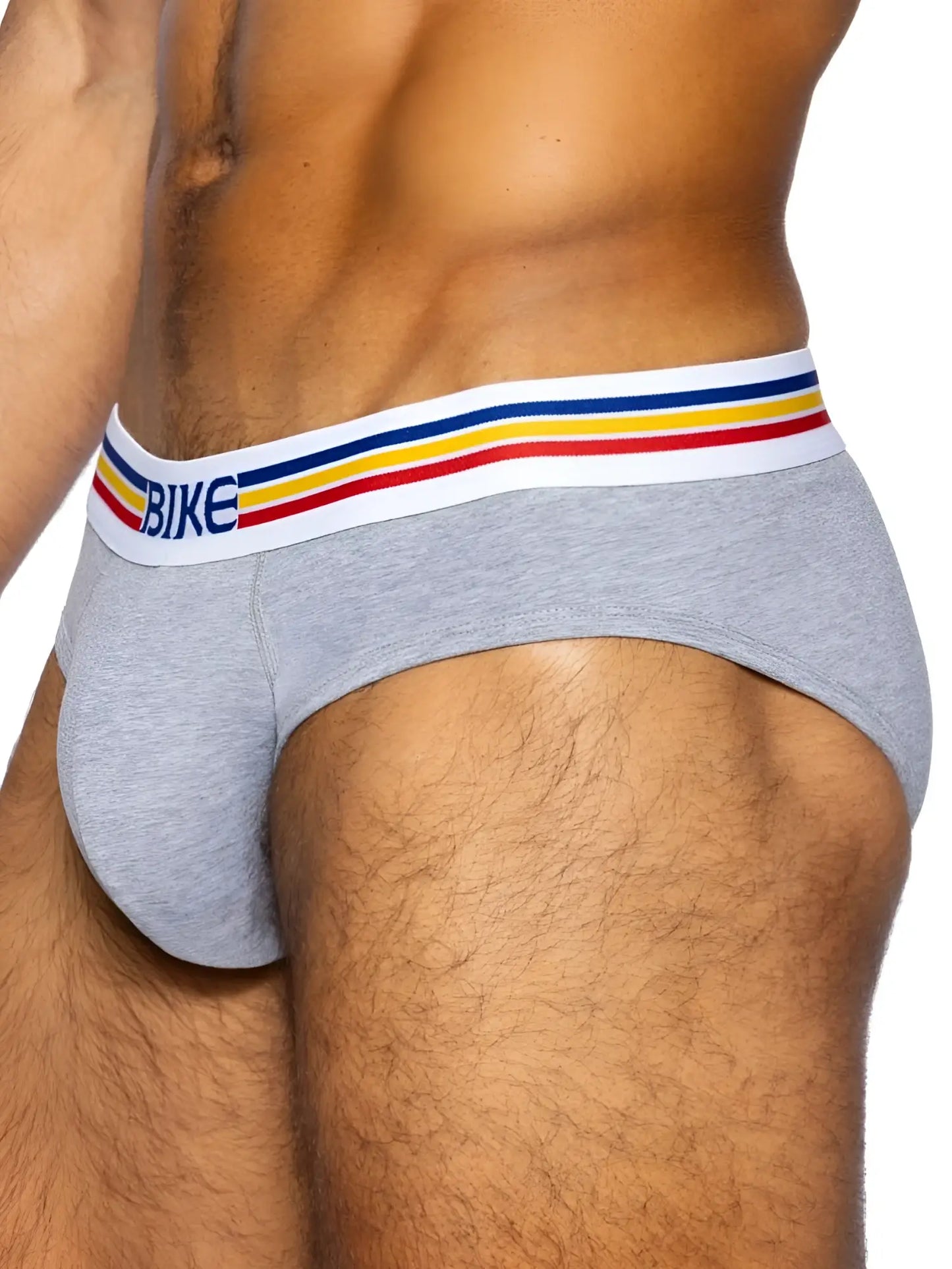 Gray heathered bike athletic bas327 men’s stretch cotton briefs with white waistband and colorful stripes