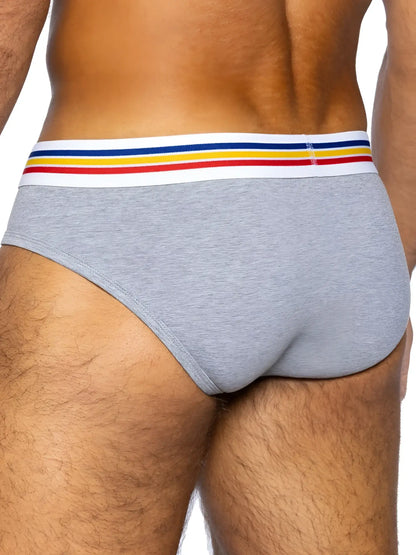 Gray heathered bike athletic bas327 stretch cotton briefs with white waistband and red yellow blue stripes