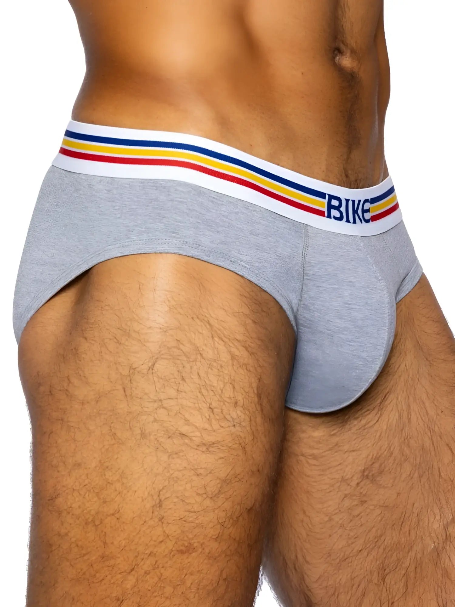 Gray heathered stretch cotton briefs with white waistband featuring red yellow blue stripes and bike lettering