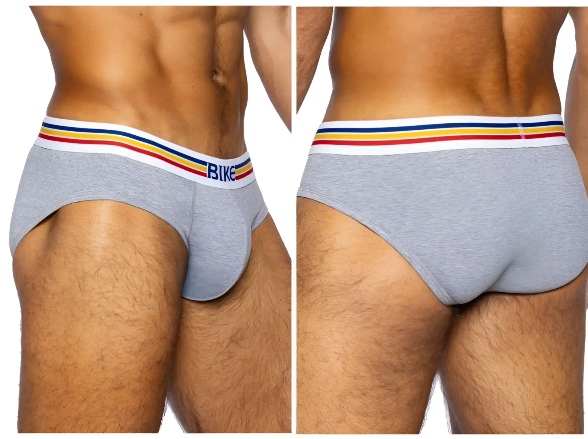 Gray heathered bike athletic bas327 stretch cotton brief with white waistband striped red yellow blue and navy logo