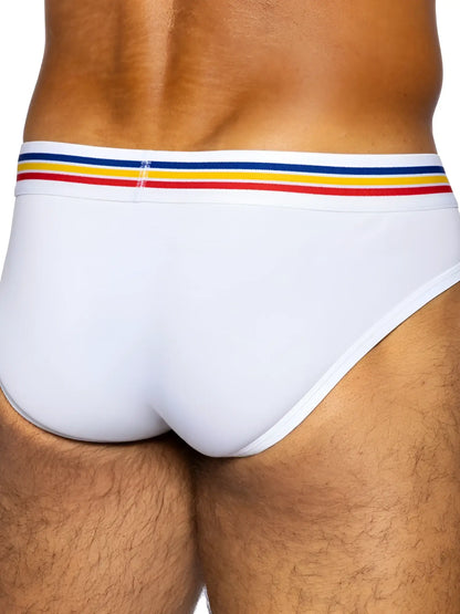 White bike athletic bas327 stretch cotton briefs with colorful red yellow and blue striped waistband