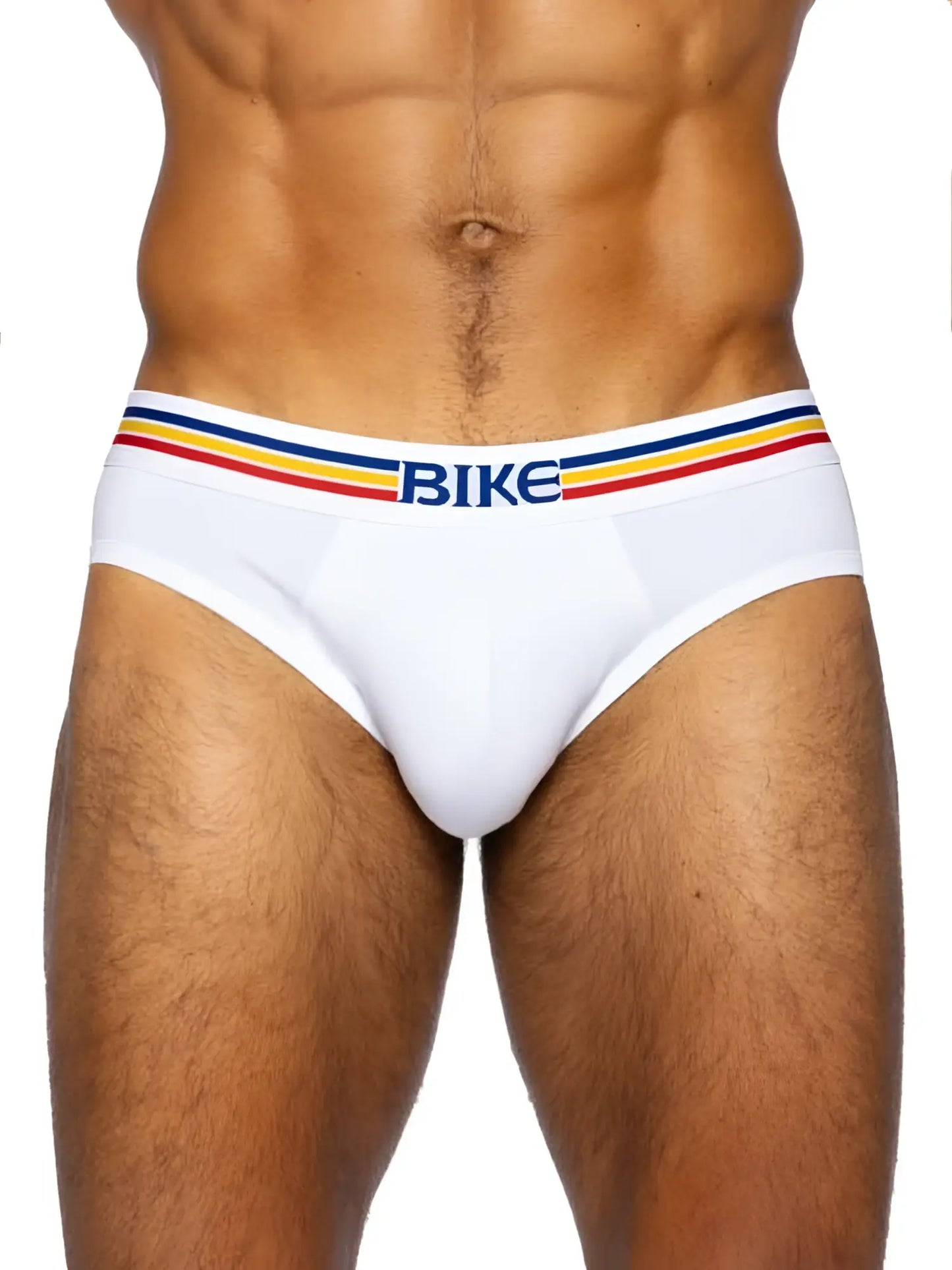 White bike athletic bas327 stretch cotton men’s briefs with colorful striped waistband and blue bike lettering