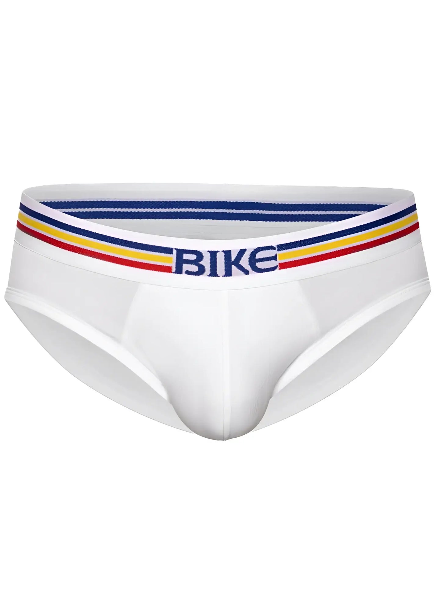 White bike athletic bas327 stretch cotton briefs with colorful striped waistband and blue bike lettering