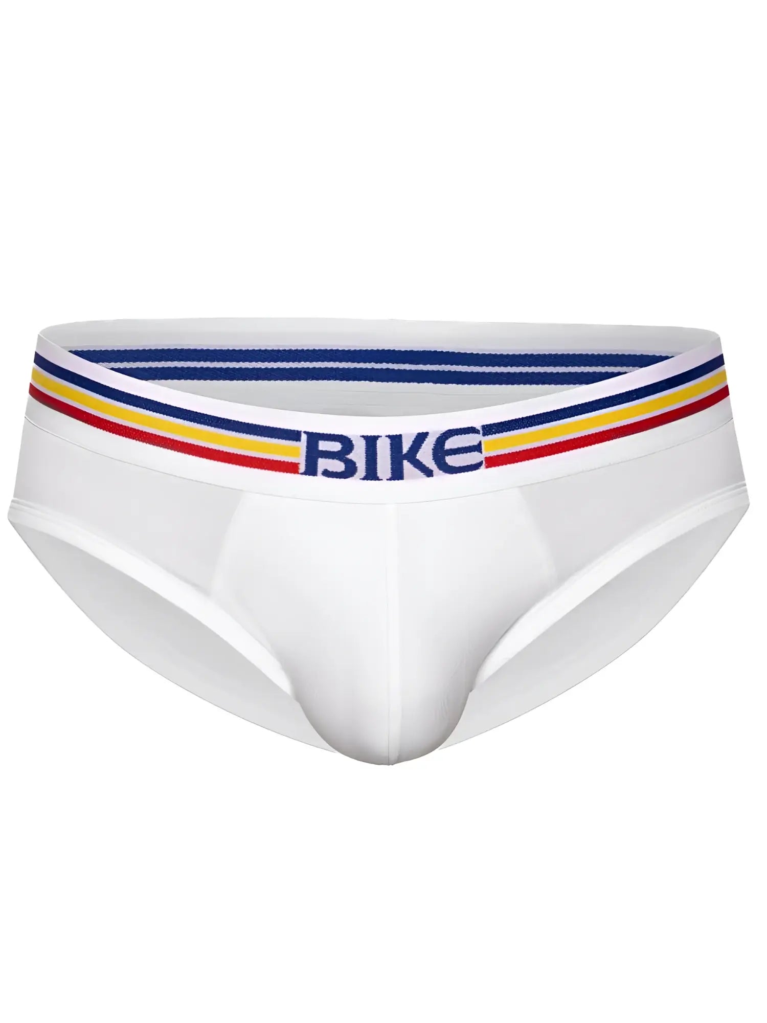 White bike athletic bas327 stretch cotton briefs with colorful striped waistband and blue bike lettering