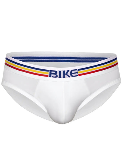 White bike athletic bas327 stretch cotton briefs with colorful striped waistband and blue bike lettering