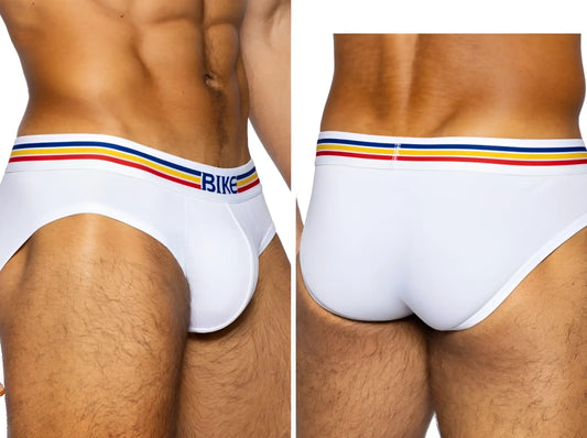 White men’s stretch cotton briefs with colorful striped waistband featuring bike logo in blue lettering