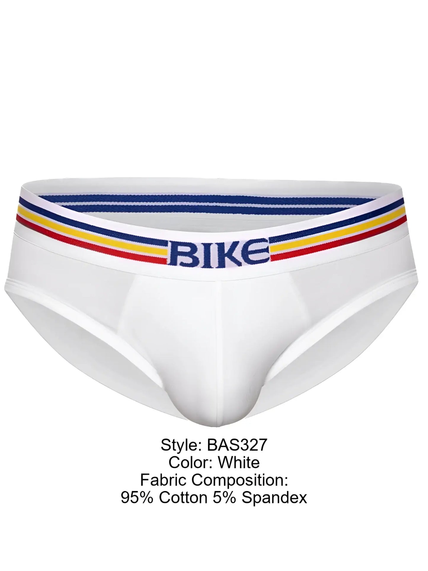 White bike athletic bas327 stretch cotton men’s briefs with striped blue yellow red waistband and bike lettering