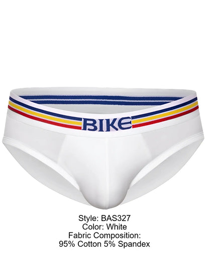 White bike athletic bas327 stretch cotton men’s briefs with striped blue yellow red waistband and bike lettering