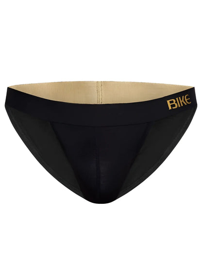 Black BIKE Athletic BAS331 active jock briefs with gold logo waistband and beige interior lining for athletic use