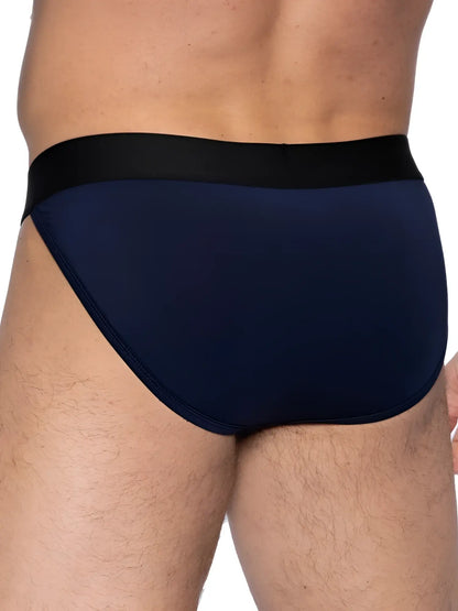 Navy blue BIKE athletic jock briefs with a black elastic waistband designed for active support and comfort