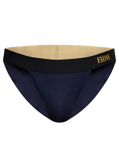 Navy blue bike athletic BAS331 active jock brief with black waistband and gold bike logo for sports use