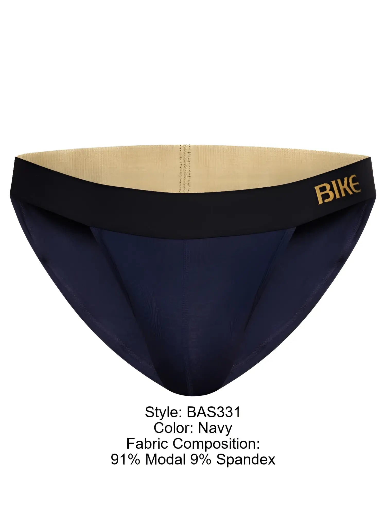 Navy blue bike athletic bas331 active jock brief with black waistband gold branding and beige interior lining