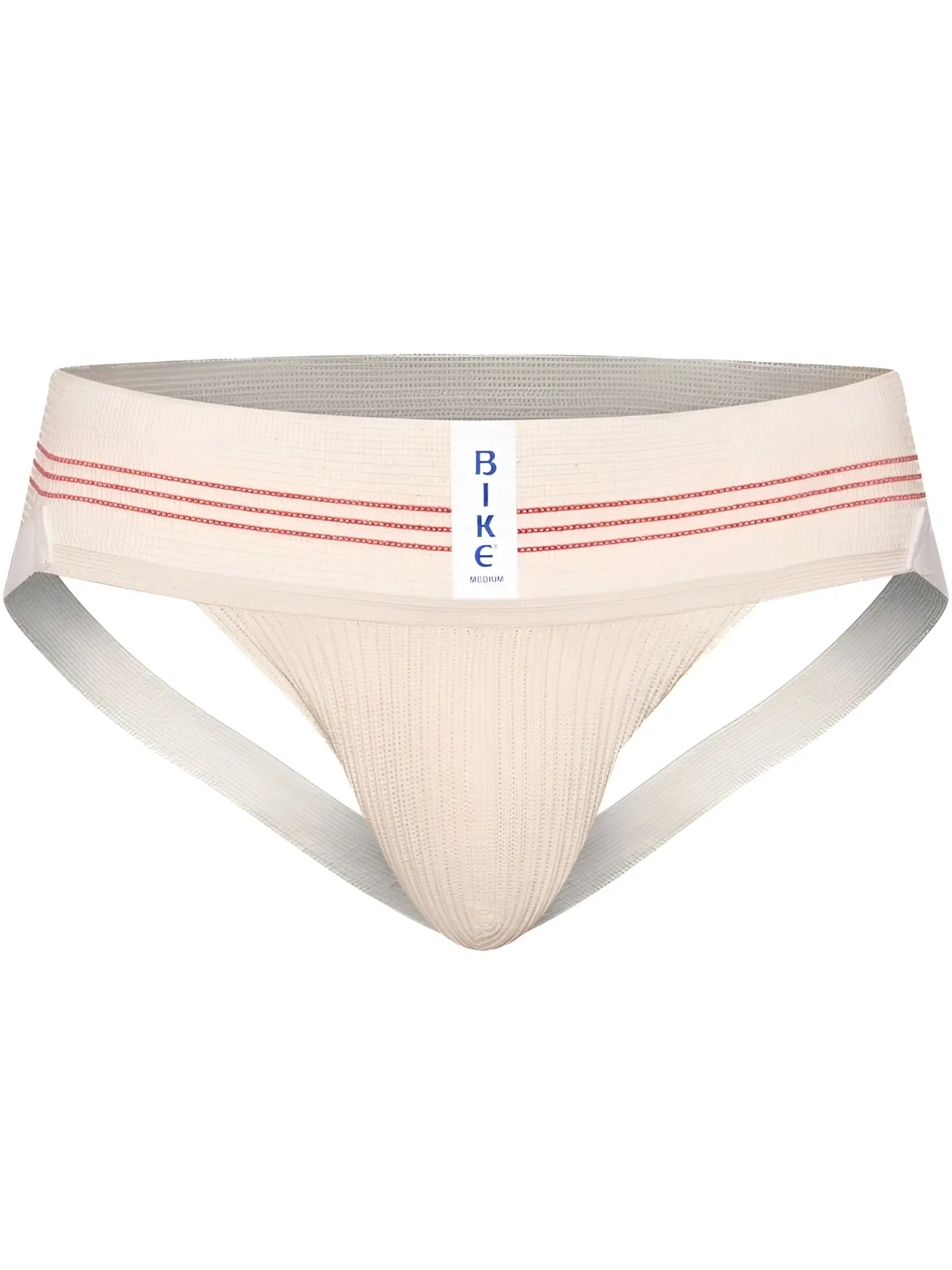 Beige bike brand athletic briefs with red stripe detailing and ribbed texture in vintage cream classic retro design