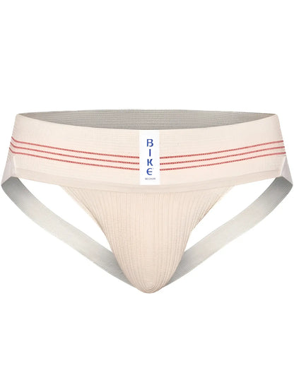 Beige bike brand athletic briefs with red stripe detailing and ribbed texture in vintage cream classic retro design