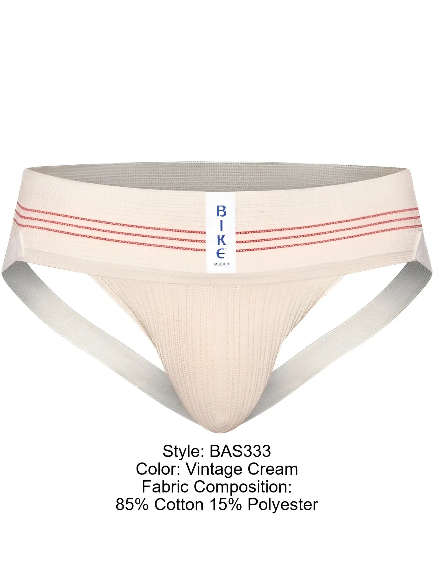 Vintage cream bike athletic briefs with ribbed texture and red-striped waistband in classic 1980s jockstrap style
