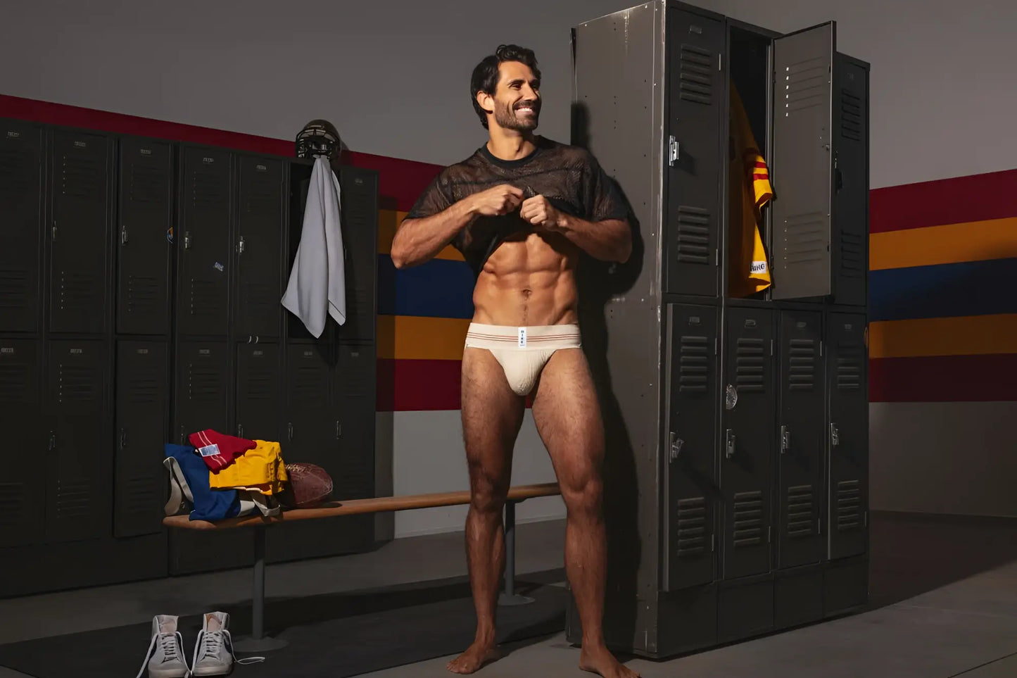 White athletic briefs with subtle logo front in vintage cream color from bike athletic bas333 classic retro collection