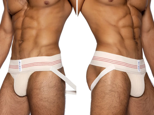 White athletic briefs with red stripes and bike brand label on white waistband from bike athletic bas333 classic retro