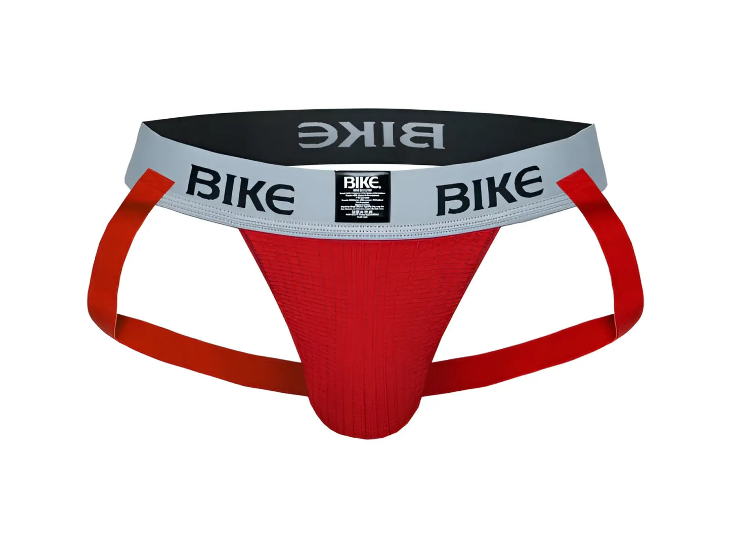 Red bike brand athletic briefs with gray and black waistband featuring bike logo in bold lettering classic jockstrap design