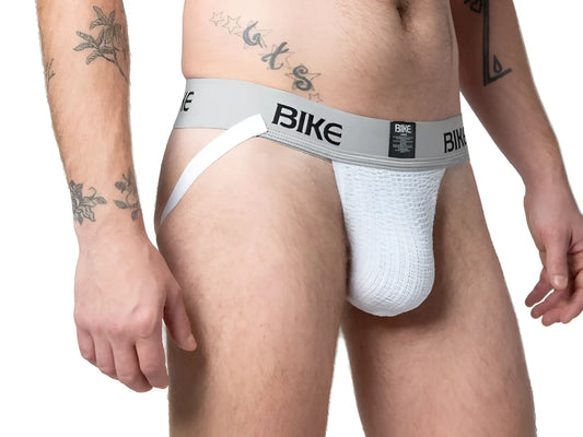 White mesh bike brief with gray waistband and bike branding in the back from BIKE classic jockstrap collection