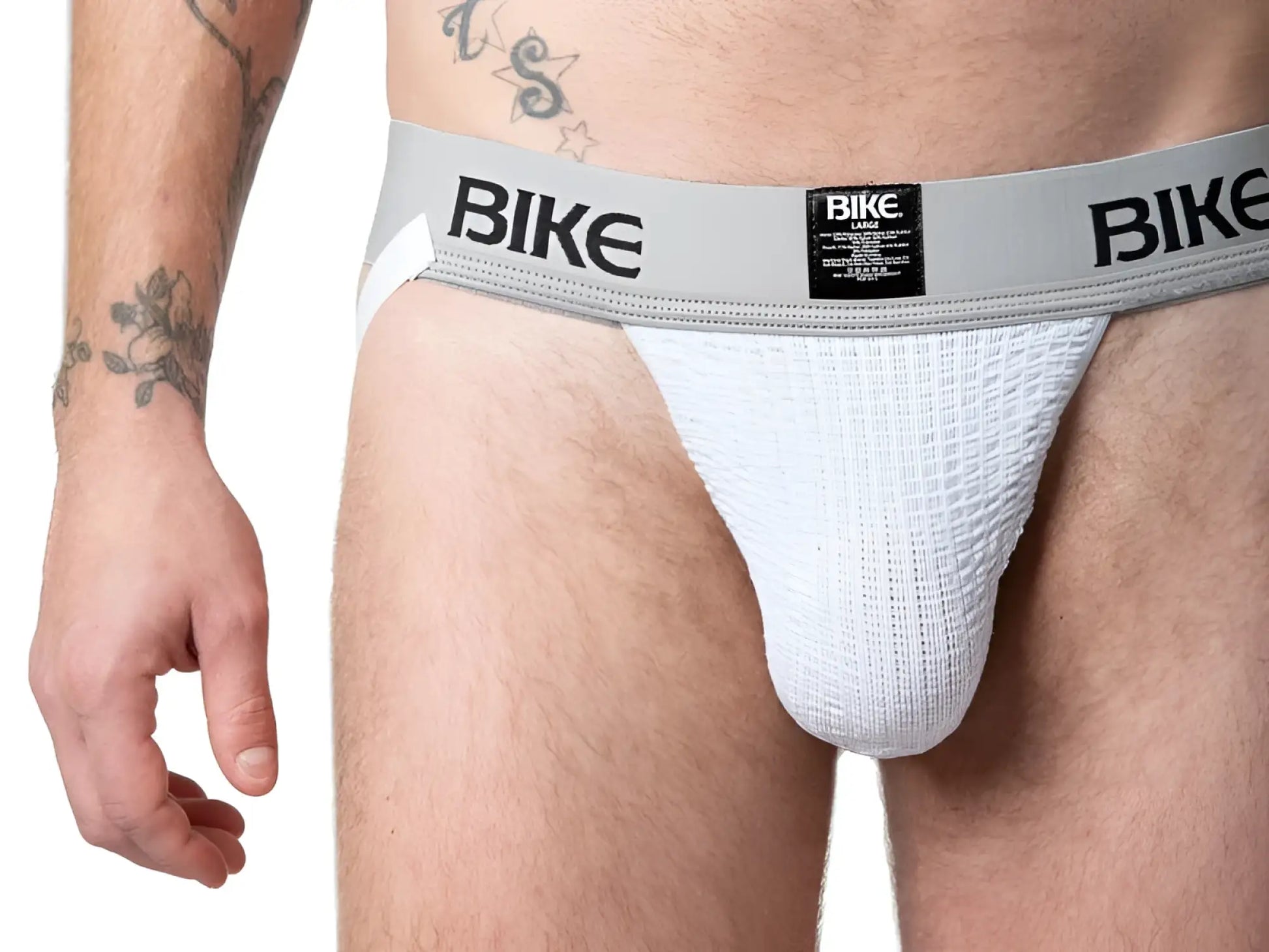 White textured athletic brief with gray waistband and black bike branding from the bike classic jockstrap collection