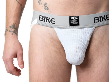 White textured athletic brief with gray waistband and black bike branding from the bike classic jockstrap collection