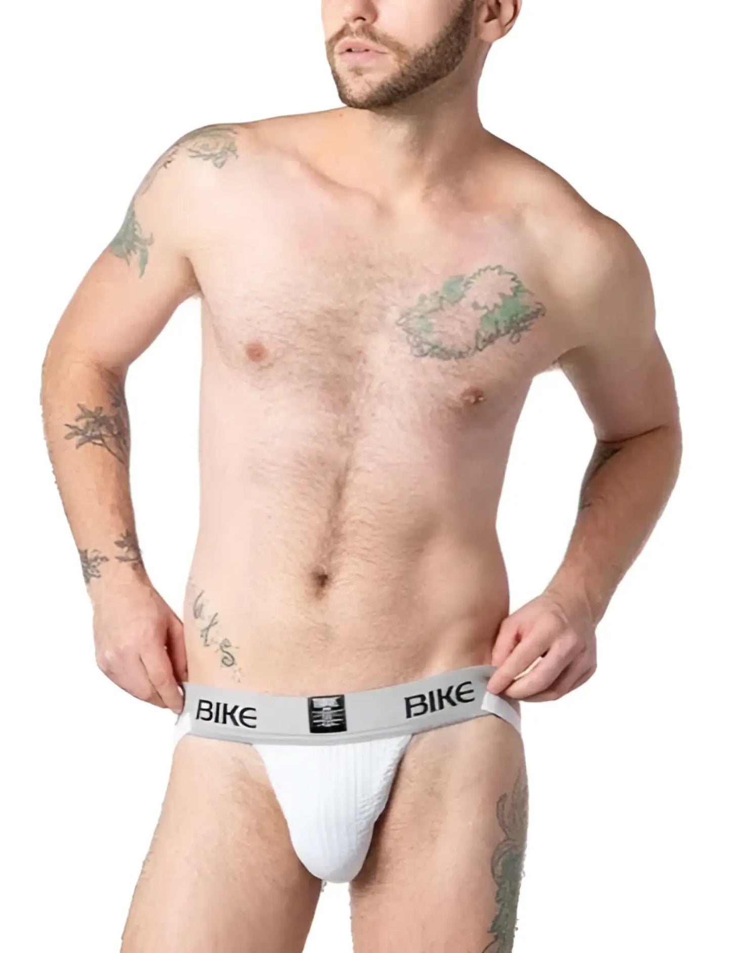 White textured bike briefs with gray bike branded waistband from the bike classic jockstrap collection