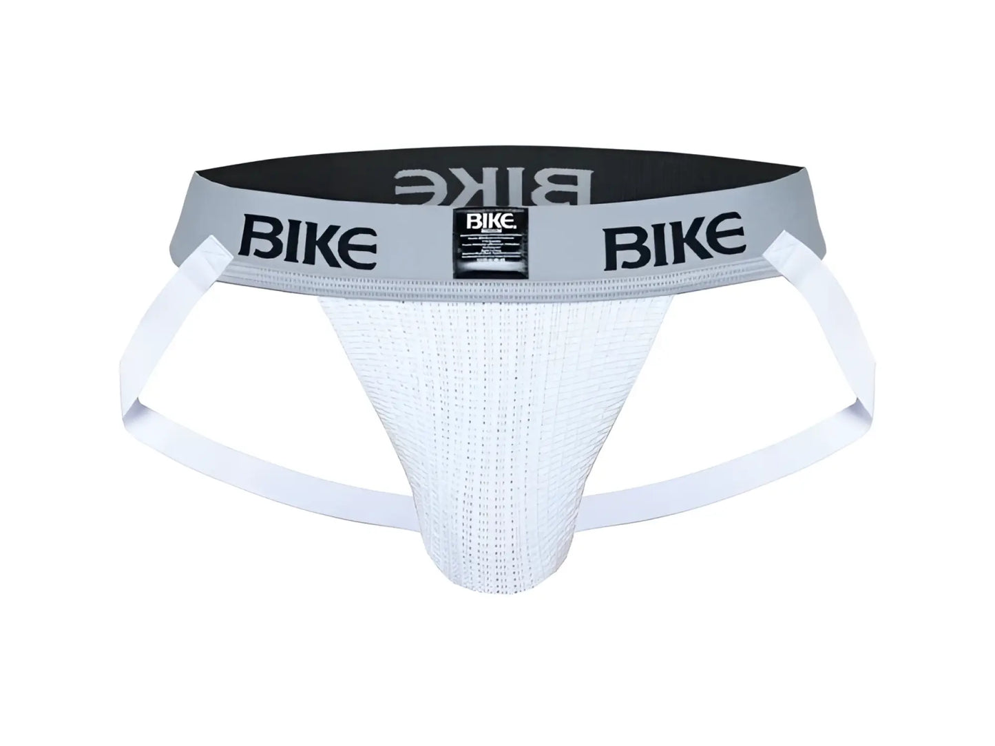 White textured bike classic jockstrap with gray waistband black branding and small label front view